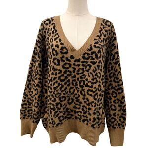 Old Navy Leopard Print V-Neck Sweater Tan Black Animal Print Pullover Large Fall